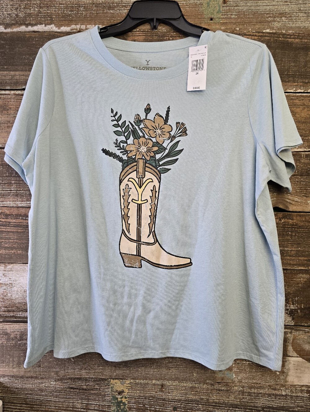 Hybrid Apparel Yellowstone Pale Blue Cowboy Boot Floral Tee, Size 2X, NWT
